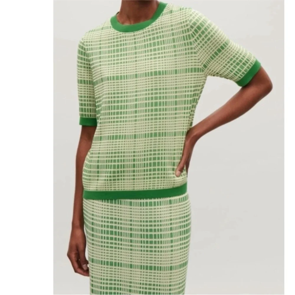 COS Checked Jacquard Knit Top Green & Cream Size XS Oversized Boxy Short Sleeve